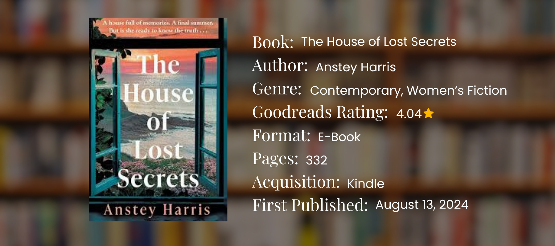 book graphic with details about the house of lost secrets by Anstey harris